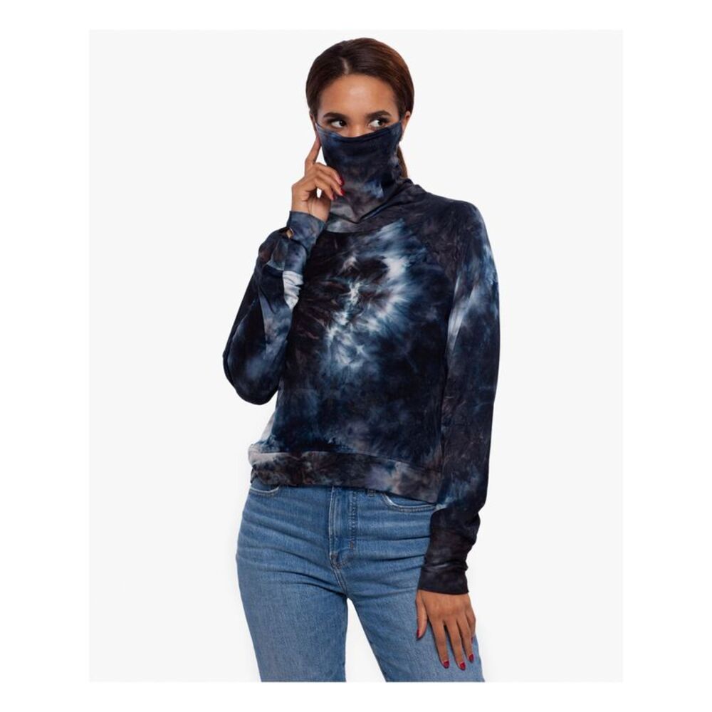 BETSY & ADAM Womens Black Attached Mask Acid Wash Long Sleeve Crew Neck Top S